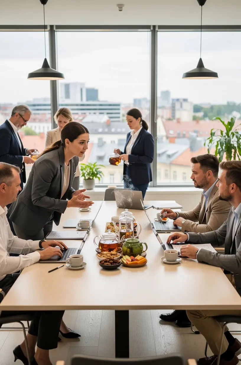 Šviesaus kambario kampas su arbatos paruošimo reikmenimis ir laikmačiu, simbolizuojantis nuoseklumą.